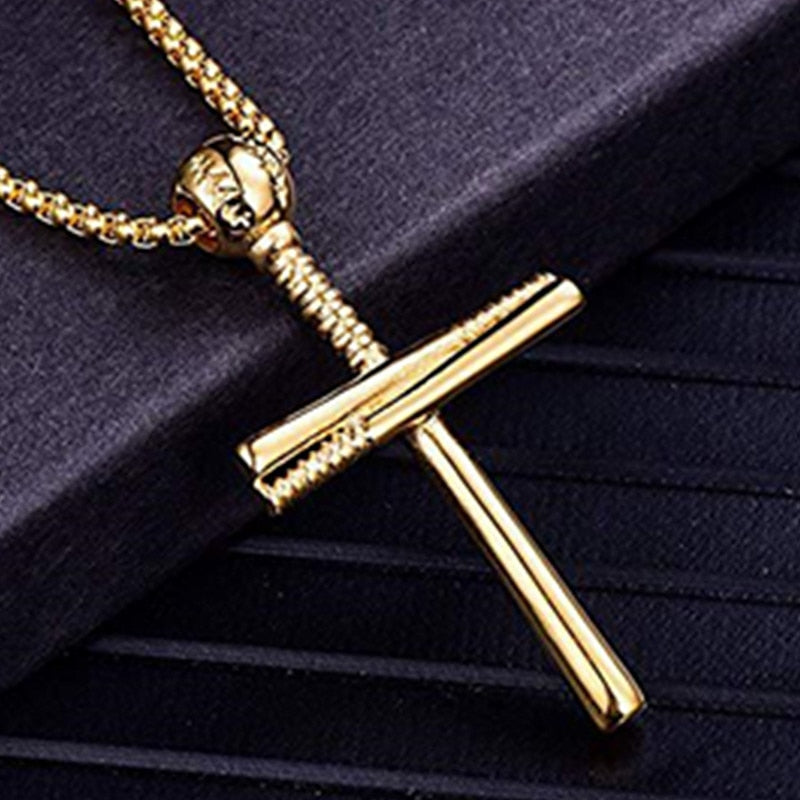 Baseball Cross Pendant Necklace Stainless (Gold Silver Black)