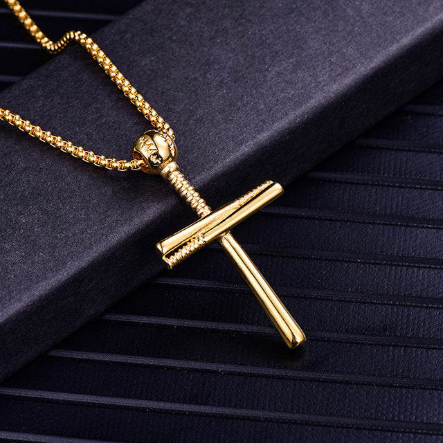 Baseball Cross Pendant Necklace Stainless (Gold Silver Black)